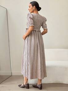 MaterniWear 孕妇及哺乳期休闲条纹系带泡泡袖连衣裙，夏季 - 彩色 - 查看 7