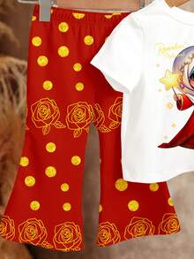 SHEIN Baby Girl Cartoon Girl Print Round Neck Short Sleeve T-Shirt And Flare Pants Casual Outfit - Multicolor - View 5