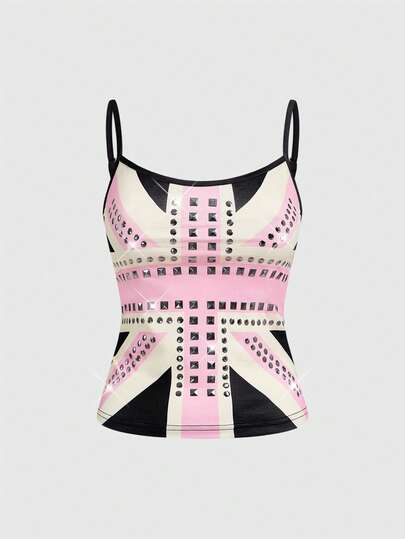 Grunge Punk Damen Y2K Vintage UK Flaggen Muster Strass Nieten Trägerhemd