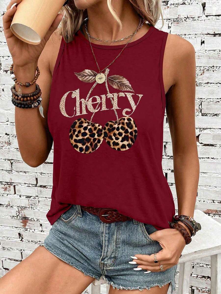 SHEIN LUNE 女士休闲度假豹纹樱桃字母图案背心，夏季