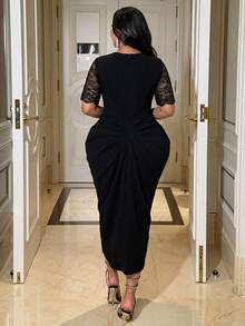 NU&NOW Đầm dự tiệc ngắn tay cổ chữ V phối ren dành cho nữ cỡ lớn, đầm cocktail mini gợi cảm xẻ tà. - màu đen - Xem 2