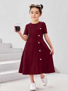 SHEIN Young Girl Elegant & Casual Round Neck Pullover Split Design Mid-Length Dress - Burgundy - View 6