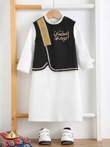 SHEIN 2件套新生男宝宝复古风可爱黑色拼接金色丝带装饰背心和白色长袍套装，适合正式场合、生日派对、锐舞派对、晚宴、表演、婚礼、迎婴派对、洗礼和一周岁生日庆祝活动。 - 彩色 - 查看 12