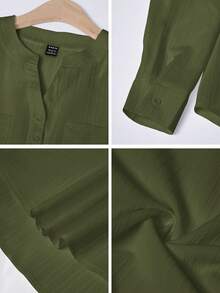 EMERY ROSE Camisa casual de mujer de unicolor con cuello en V y hombros caídos - Verde militar - Ver 9