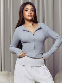 Criza Taa 拉链圆领长袖上衣，休闲度假机场出行返校季秋冬季圣诞节适用，优雅 - 淺灰色 - 查看 2