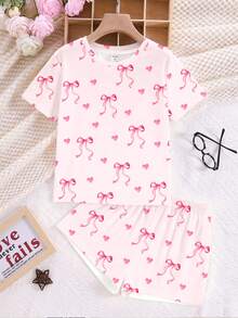 SHEIN Leap Crew Tween Girl Casual Minimalist Heart & Bow Print Round Neck Short Sleeve T-Shirt & Shorts 2-Piece Set, Suitable For Spring/Summer Daily, Holiday Party, Valentine's Day, Chill Chill - Multicolor - View 3
