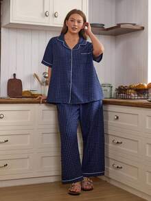 Doze Lane Bubble Textured Plaid Print Lapel Cardigan Short Sleeve Pajama Set - Blue - View 5