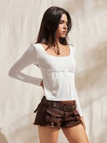 CovetEZ Women Amilitary Green Front Button Long Sleeve Casual Shirt,Fall,Winter - White - View 7