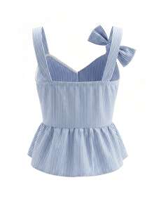 INAWLY Blue & White Striped Bow Strap Waist Ruffle Hem Cropped Camisole - Blue - View 2