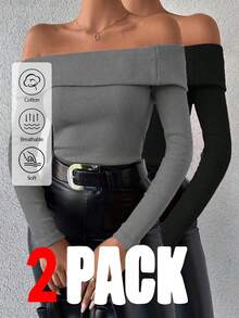 EURMUSE Bộ 2 áo thun cotton hở vai màu trơn thường ngày cho nữ, đen và đỏ - Nhiều màu - Xem 1