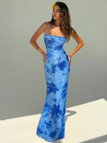 Aloruh 女士沙滩度假露背吊带连衣裙 - 藍色 - 查看 4