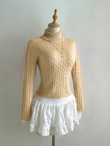 SHEIN Unity 女士/女孩休闲高领抽绳针织毛衣 - 黃色 - 查看 3