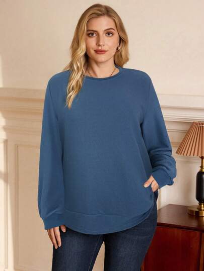 EMERY ROSE Plusstorlek damtröja med rund hals och långärmad minimalistisk tröja, enfärgad, vardagskläder höst/vinter