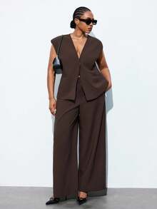 Maija Plus Size Women Curve Brown Summer Classy Office Work Business Outfit,Elegant Solid Suit Vest And Pants Set,Stylish Daily Wear Autumn Outfit Halloween - Mocha Brown - View 6