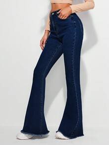 SHEIN LUNE Celana Jeans Vintage Model Flare dengan Pinggang Tinggi, Saku Miring, Ujung Bawah Belum Dikerjakan, dan Potongan Mengembang - Dark Wash - View 2