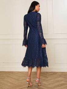 Lilora Robe mi-longue élégante pour femmes avec manches évasées en dentelle florale et volants à l'ourlet - Bleu azur - Voir 4