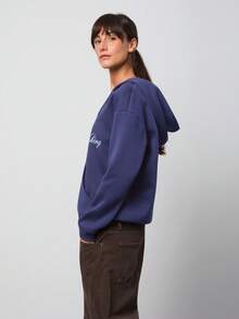Áo sweatshirt nữ dáng rộng, tối giản, màu xanh navy, tay dài, có túi, thích hợp cho mùa thu/đông, phong cách đường phố. - Màu xanh hải quân - Xem 5
