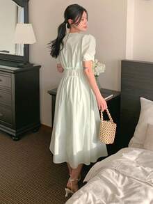 DAZY 女士圆领收腰宽松A字中长连衣裙 夏季 - 綠色 - 查看 3