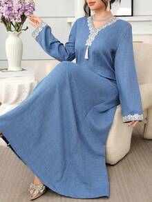 Al Najma Embroidered Loose Elegant Long Sleeve Turkish & Arabic Traditional Maxi Dress For Women Kaftan Jalabiya Dress - Blue - View 1
