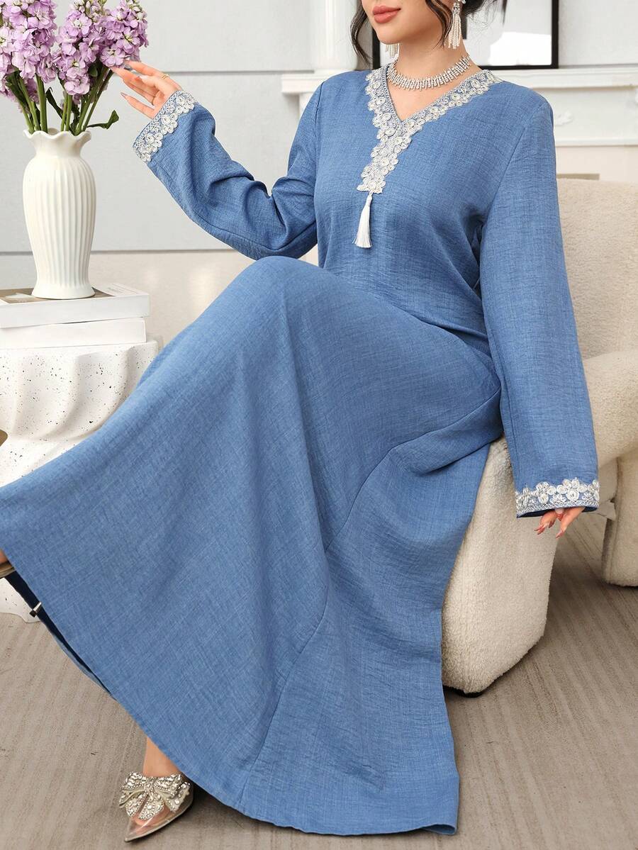 Al Najma Embroidered Loose Elegant Long Sleeve Turkish & Arabic Traditional Maxi Dress For Women Kaftan Jalabiya Dress - Blue - View 1