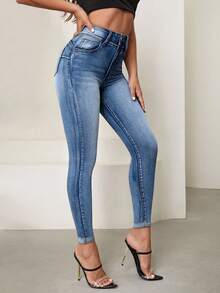 Selenza 女士高腰口袋花卉刺绣修身休闲百搭牛仔裤 - 藍色 - 查看 3