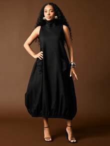 Vixey Đầm dệt kim không tay cổ cao, vạt xếp ly - màu đen - Xem 4