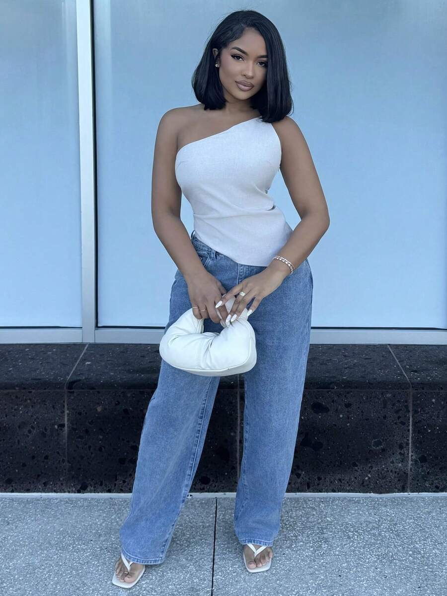 Alexandranx 优雅杏色亚麻休闲宽松不对称下摆露背上衣，春夏