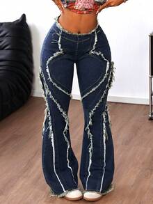 Jeanoix 女士休闲水洗毛边喇叭牛仔裤 - 藍色 - 查看 7