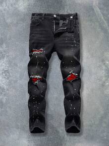 青少年男童黑色破洞泼墨弹力牛仔裤 秋季假日 - 黑色 - 查看 1