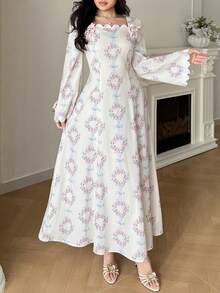 Yasmyna Women's Elegant Floral All-Over Print Arabic Style Dress - Pink - View 3