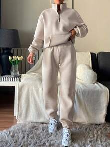 RueChic Half Zip Drop Shoulder Sweatshirt & Joggers - Apricot - View 5