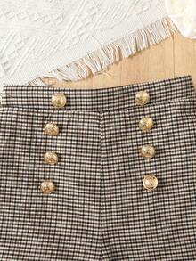 SHEIN Quần short dệt kẻ caro thời trang, thanh lịch dành cho bé gái tuổi teen, có khuy cài kim loại. - Nhiều màu - Xem 4