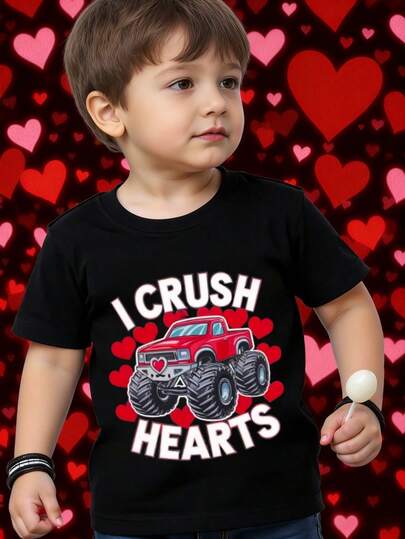 Baby Boy Comfortable Casual Truck & Off-Road Vehicle Graphic Love Design Short Sleeve Top, Suitable For Infants, Boys Clothing, Spring/Summer, Valentine's Day Gift, Suitable For Casual Wear Or Outings, Daily Wear