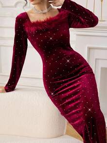 Modelyn Women's Long Sleeve Fitted Knit Dress, Suitable For Autumn/Winter Outfits - Red - View 1