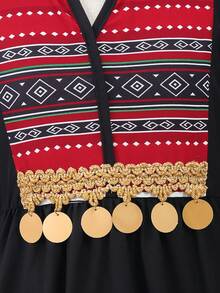 Young Girls Patchwork Geometric Print Long Sleeve Dress,Sequin & Tassel Trim,Elegant Black Autumn Traditional Party Dress For Girls,Casual Outfit - Black - View 8
