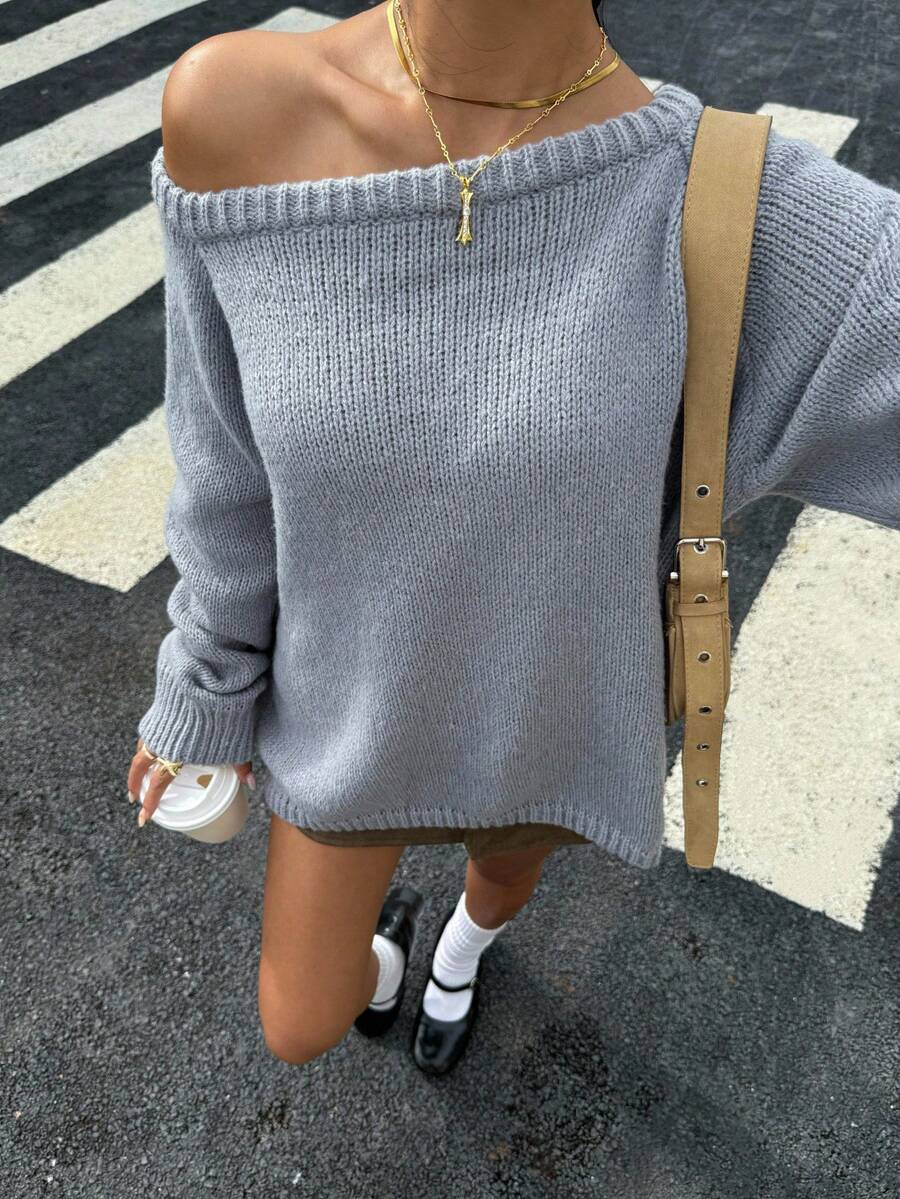 Muchica Áo len cổ thuyền tay raglan dáng rộng màu trơn mới cho nữ mùa thu, thích hợp mặc dạo phố hàng ngày - Xám - Xem 1