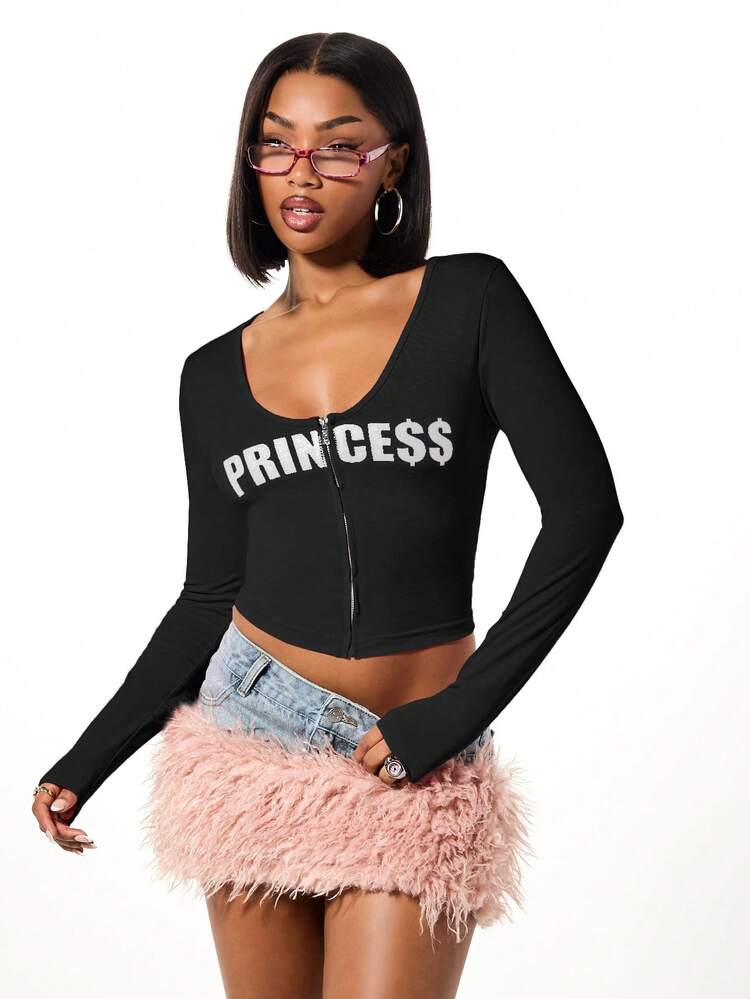 SUMWON WOMEN Long Sleeve Zip Front Princess Graphic Top