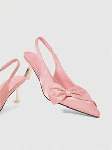 ROMWE Kawaii 女士性感小猫跟凉鞋，复古粉色可爱蝴蝶结时尚尖头方跟踝带一脚蹬高跟鞋 - 粉色 - 查看 4
