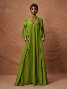 Zivah 2026 Spring/Summer New Music Festival, Easter, St. Patrick's Day, Valentine's Day, Date, Western, Nomadic, Birthday Party, Graduation, College, Student, Daily Casual, Basic, Leisure, Vacation, Cruise, Beach, Sunbathing, Viral Hit, Streetwear, Wedding Guest Boho, Commute, Brunch, Airport, Party, Holiday Outing, Office Wear V-Neck Mid-Sleeve Long Loose A-Line Dress With Sash, Pleated, Green, Pockets - Green - View 8