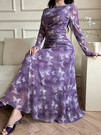 Feyla Women's Elegant Butterfly Print Dress Lavender Dress Women Purple Long Dress Orchid Dress Lilac Dress Elegant Purple Elegant Dress Women