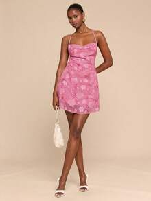 SHEIN BAE Seductive Pink Floral Summer Dress,Sequin Textured Halter Backless Tie Waist A-Line Mini Vacation Beach Party Dress,Elegant Valentine Dresse For Women - Pink - View 2