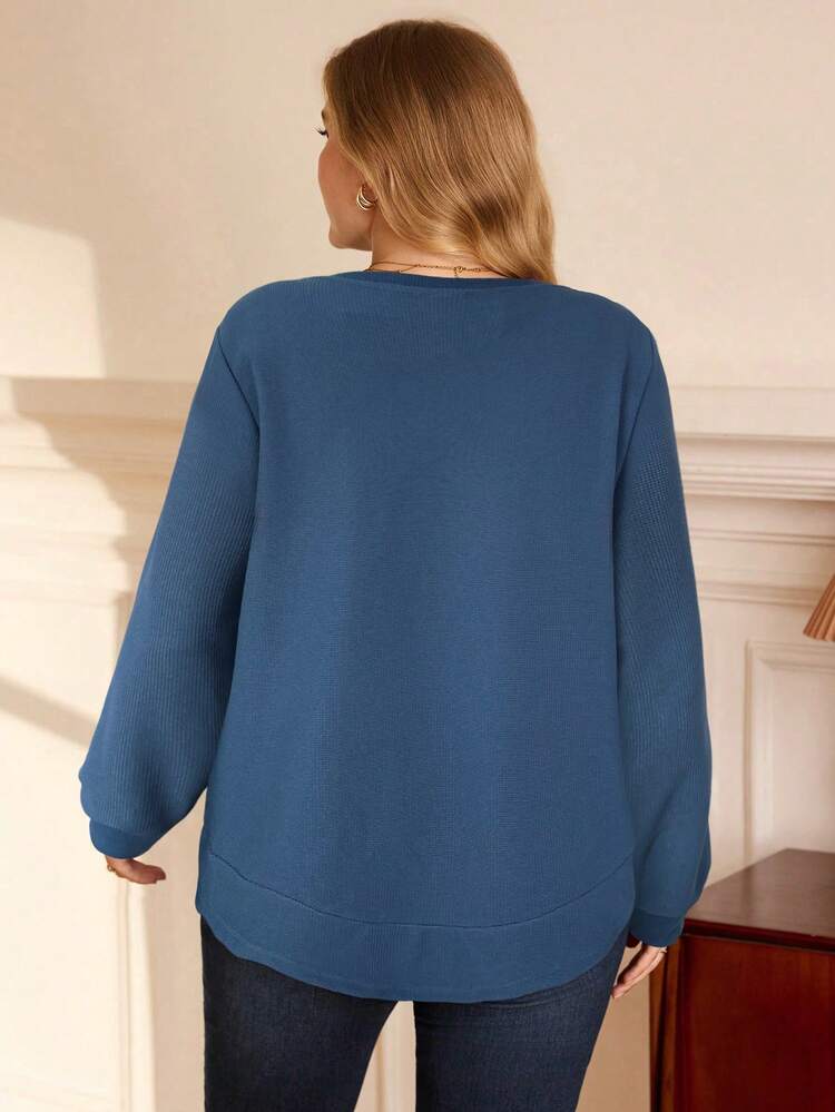 Plus Size Women's Navy Blue Sweatshirt,Autumn Smart Casual Crew Neck Long Sleeve Pullover,Everyday Minimalist Solid Color Sweater Top For Fall/Winter