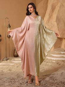 Al Najma Elegant Middle Eastern Style Batwing Sleeve Patchwork Jacquard Robe, Slimming Kaftan Jalabiya Dress - Apricot - View 3