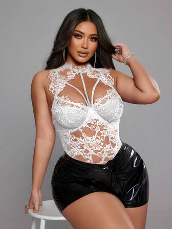 NU&NOW Plus Size Women's Red Lace Hollow Out Elastic Casual French Style Knit Top, Versatile For Layering Or Standalone, Suitable For Young Women, Sexy For Holidays, Parties