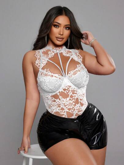 NU&NOW Plusstorlek röd spets ihålig elastisk stickad topp i fransk stil för kvinnor, mångsidig för lager-på-lager eller fristående, lämplig för unga kvinnor, sexig för högtider, fester