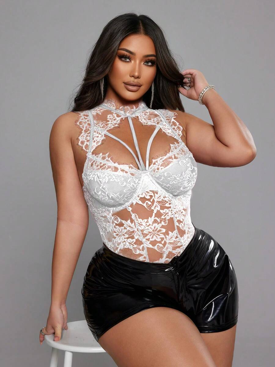 NU&NOW 大码女式红色蕾丝镂空弹力休闲法式针织上衣，可叠穿或单穿，适合年轻女性，性感迷人，适合度假和派对穿着。 - 白色 - 查看 1