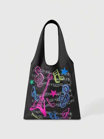 Grunge Punk Borsa della spesa piccola con design a note nere sulla base