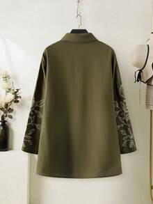 Modelyn 大码女式休闲度假风宽松阿拉伯风格花卉刺绣上衣，春秋季 - 軍綠色 - 查看 3
