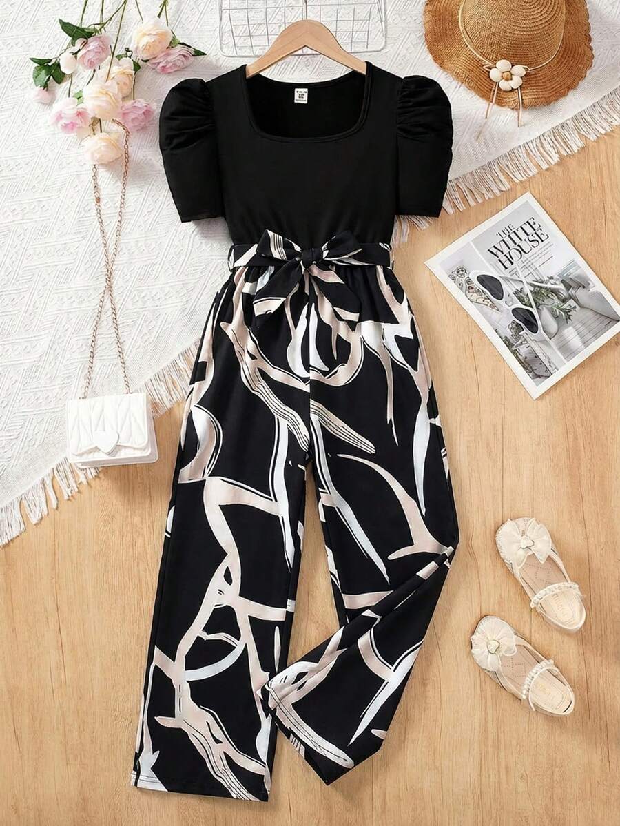 SHEIN 少女度假休闲针织拼接碎花方领短袖连体裤 - 黑與白 - 查看 1