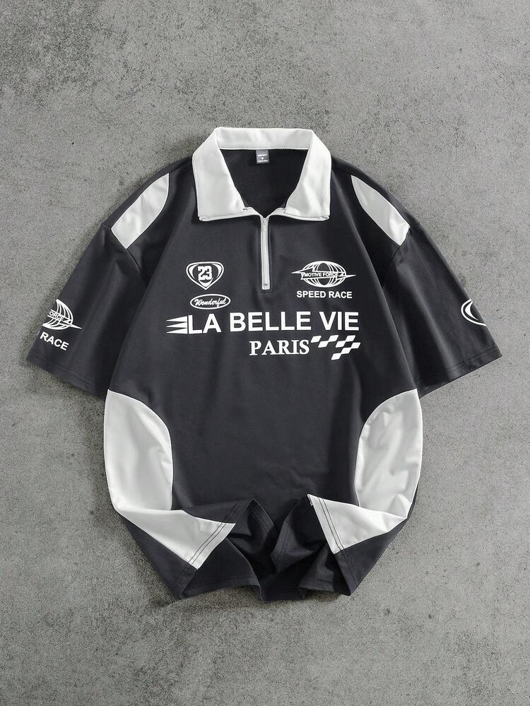 PAVTROS Camisa Polo Masculina de Cor Sólida com Estampa de Letra